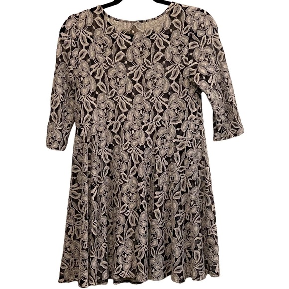 Free People XS Black Gray Floral Lace Sheer Three-quarter Sleeve Feminine Dress - Picture 4 of 6